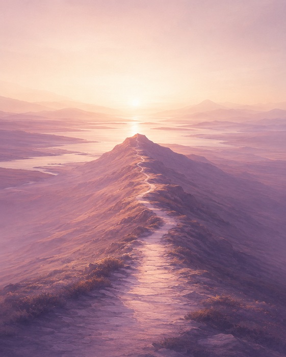 Sentier suivant une crête montagneuse vers un sommet éclairé dans un paysage rose et mauve.