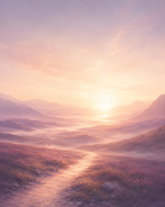 Chemin lumineux traversant un paysage de montagnes pastel vers un horizon clair au lever du jour.