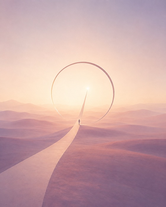 Silhouette suivant une ligne lumineuse pour entrer dans un grand cercle au milieu d’un paysage pastel.