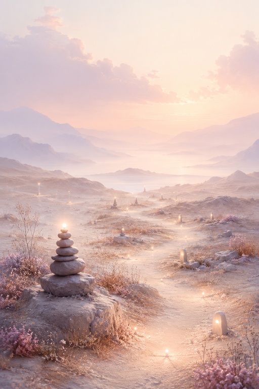 Chemin bordé de cairns et de petites lumières dans un paysage calme aux teintes pastel.